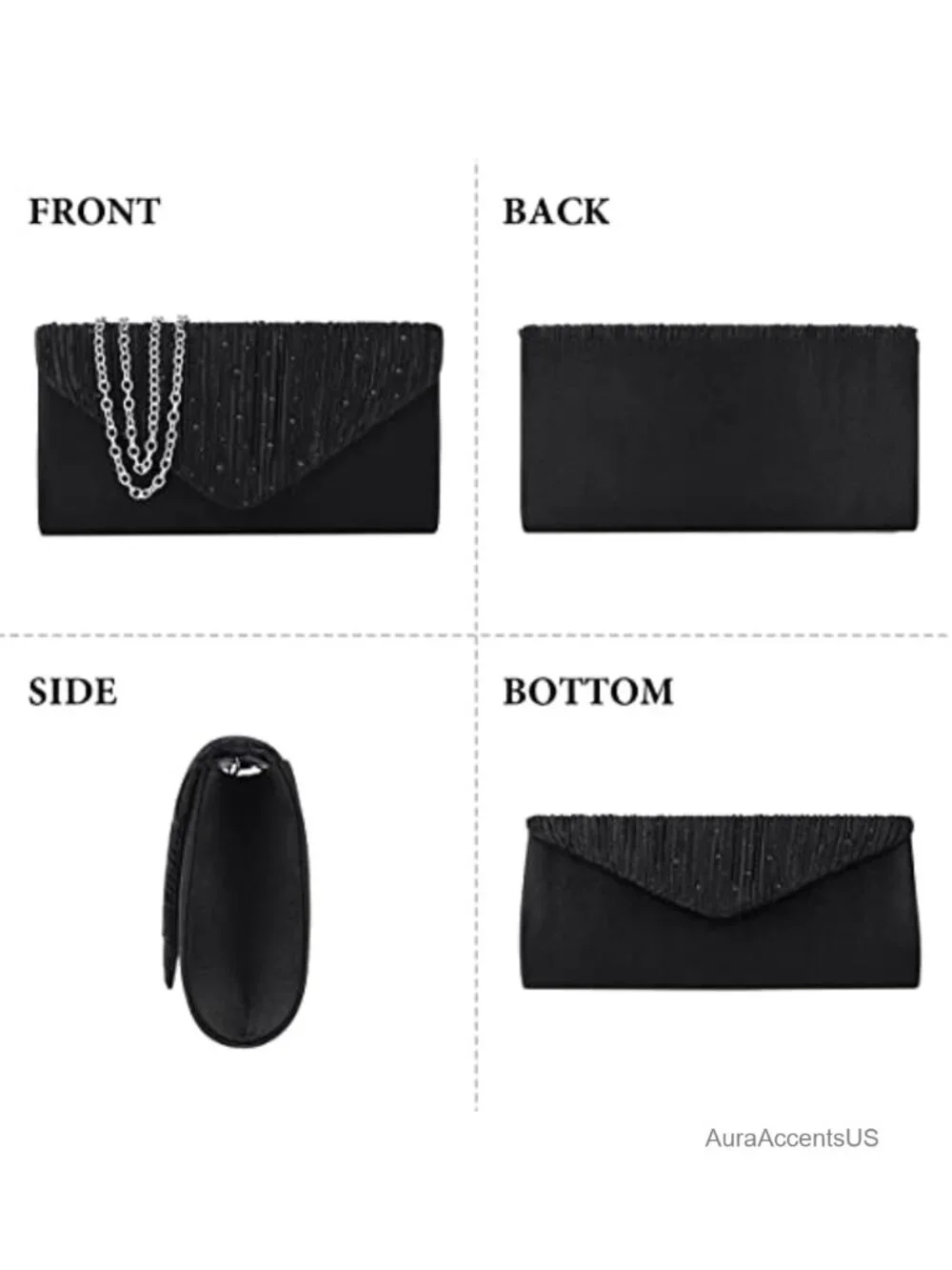 Satin Envelope Evening Clutch with Rhinestone Flap, Detachable Chain, Formal